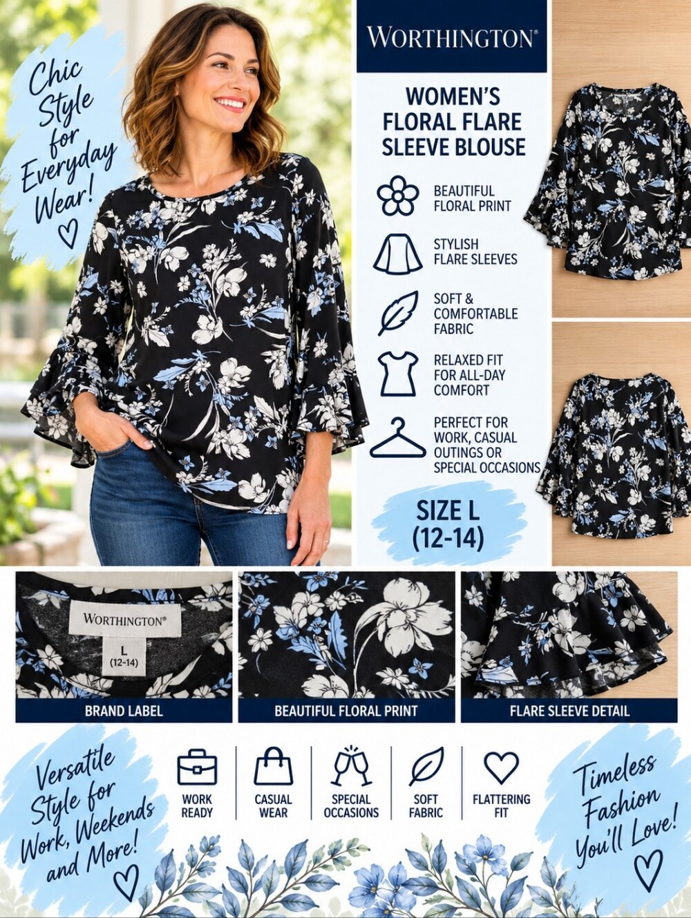 Worthington Women's large black blue floral flare sleeve blouse #35